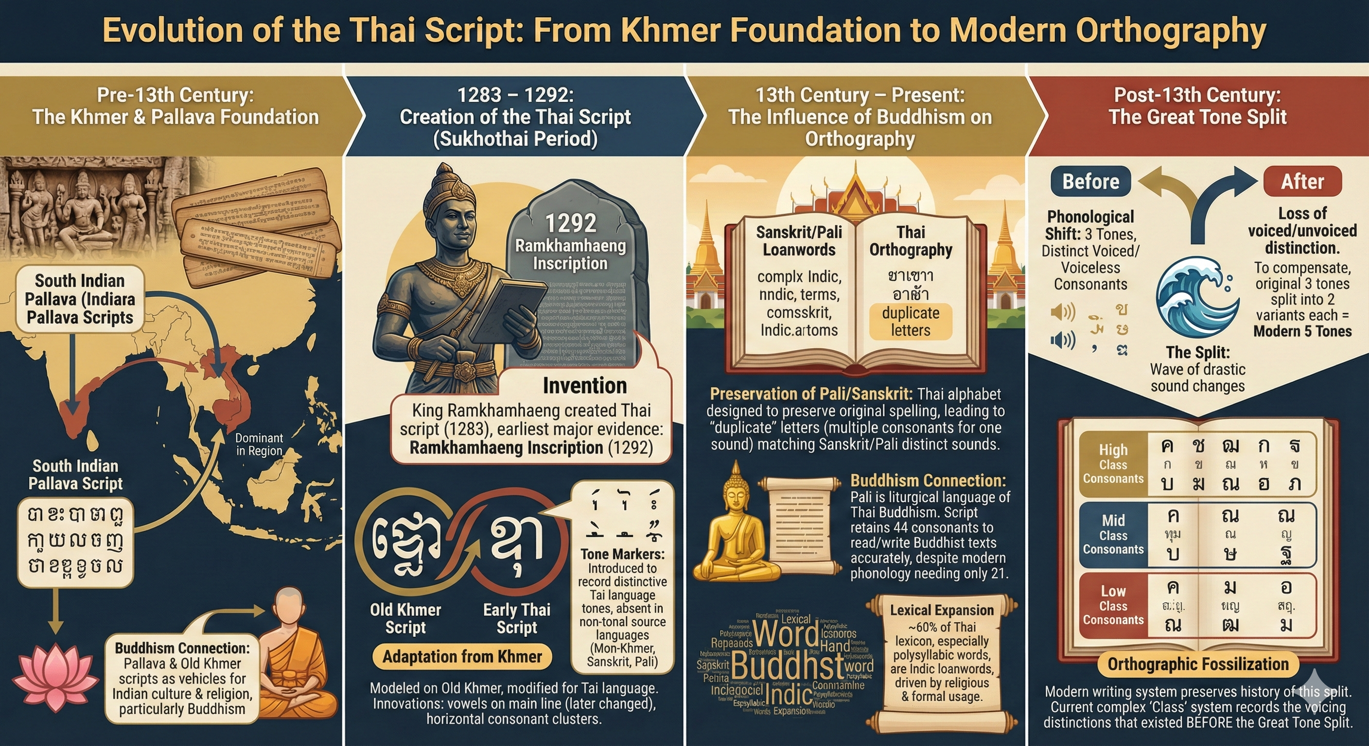 Evolution of Thai Script infographic showing the timeline from Pallava script through Khmer to modern Thai alphabet